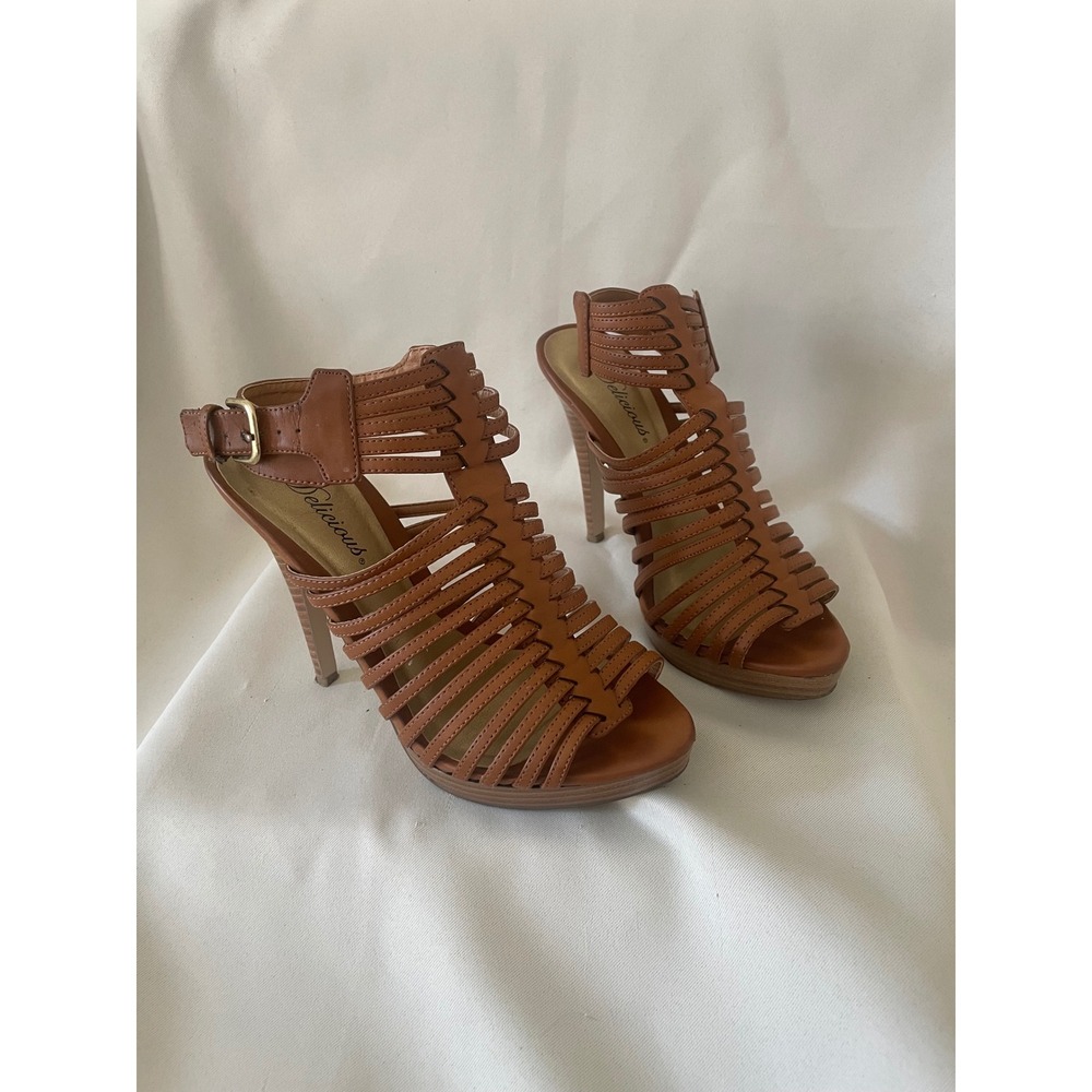 Delicious Cognac Strappy Platform Stiletto Heels Gladiator Sandals Size 8 - Picture 2 of 12